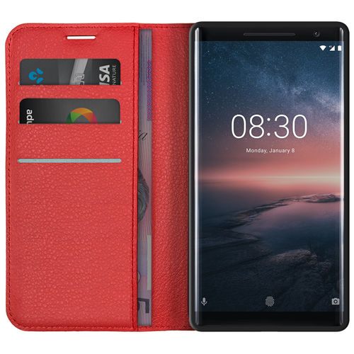 Leather Wallet Case & Card Holder Pouch for Nokia 8 Sirocco - Red